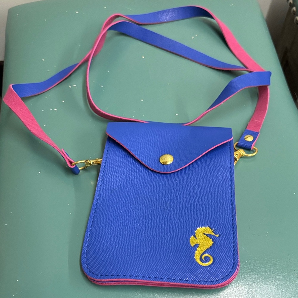 Blue and Pink Crossbody Phone Bag with Seahorse Design